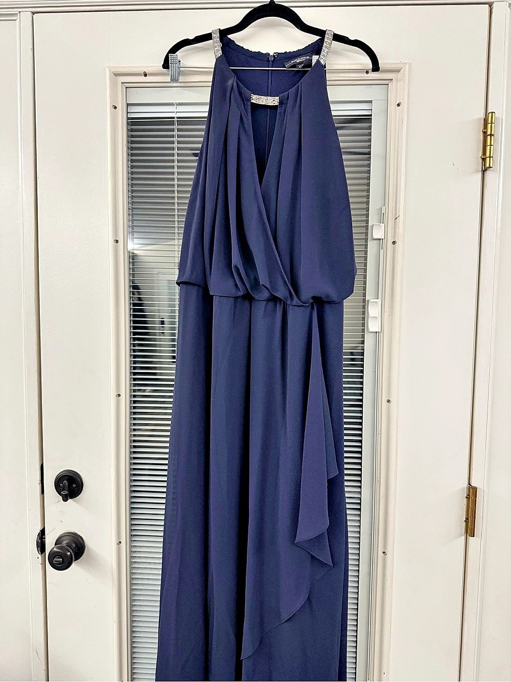 R&M Richards Long Halter Dress With Rhinestone Waistline Blue 20W